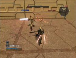 Asajj throwing Starblades to Obi-Wan