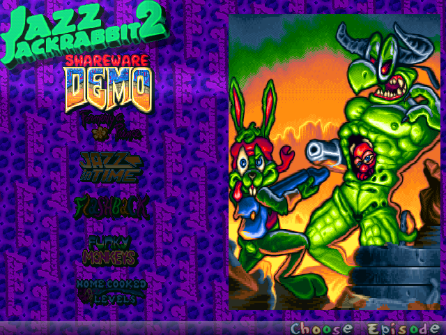 Jazz Jackrabbit 2 episode-selection screen