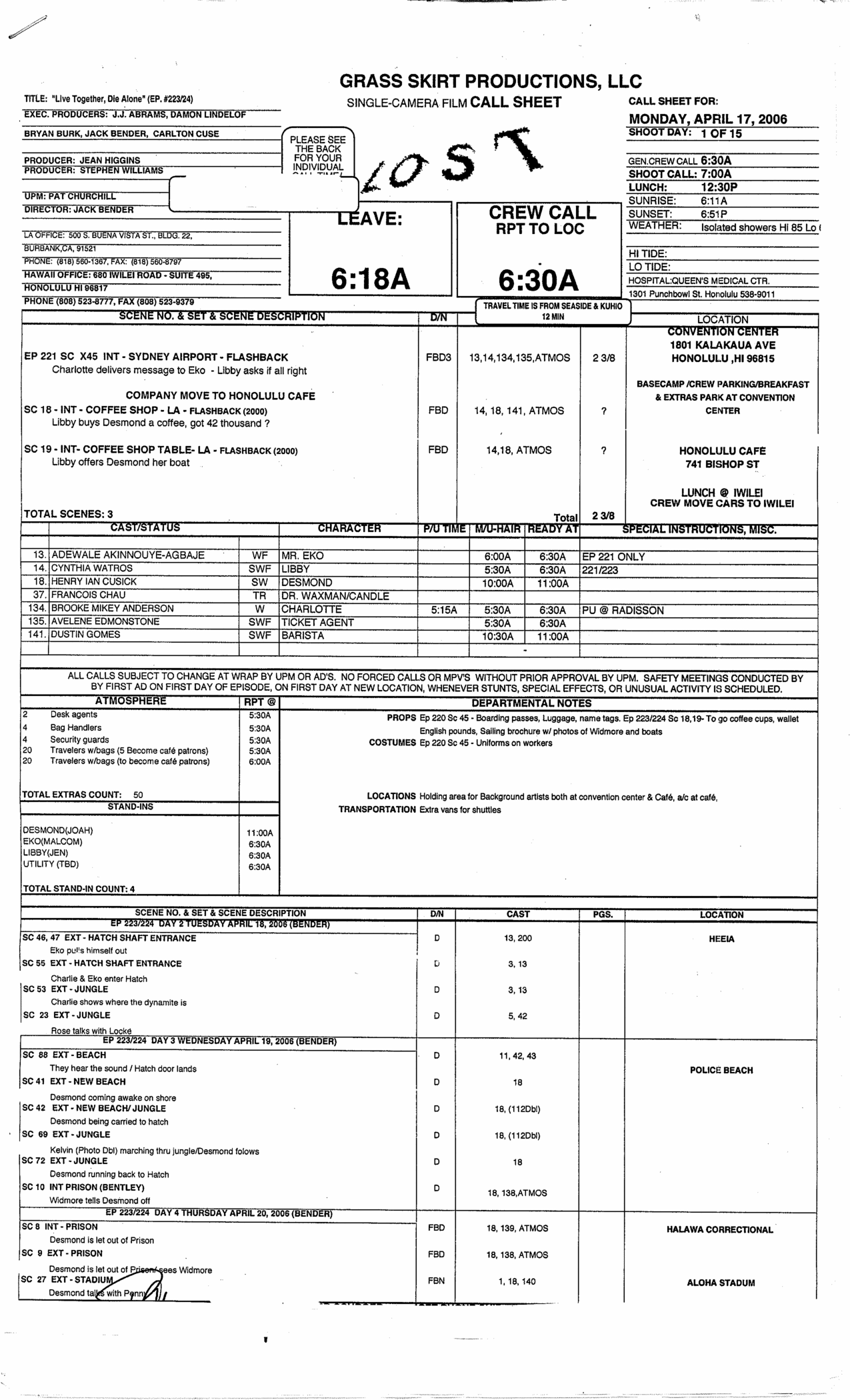 Call Sheet Lostpedia The Lost Encyclopedia