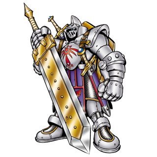 Knightmon, a fearsome suit of armor with three swords of varying sizes, and a massive shield carried on his back