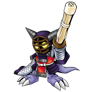 Kotemon, a short lizard with blue feet, claws jutting out. It wears an over-sized, red, white, and purple kendo uniform that covers his hands and face, save for two yellow, glowing eyes that appears in his spiked helmet.