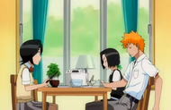 Ichigo, Rukia and Karin at the table