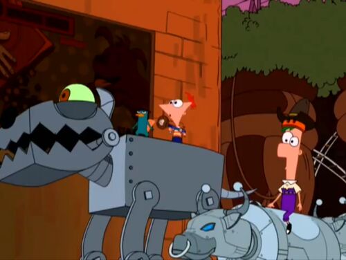 Image Phin, Ferb, Perry on robot dog and mechanical bulls.jpg