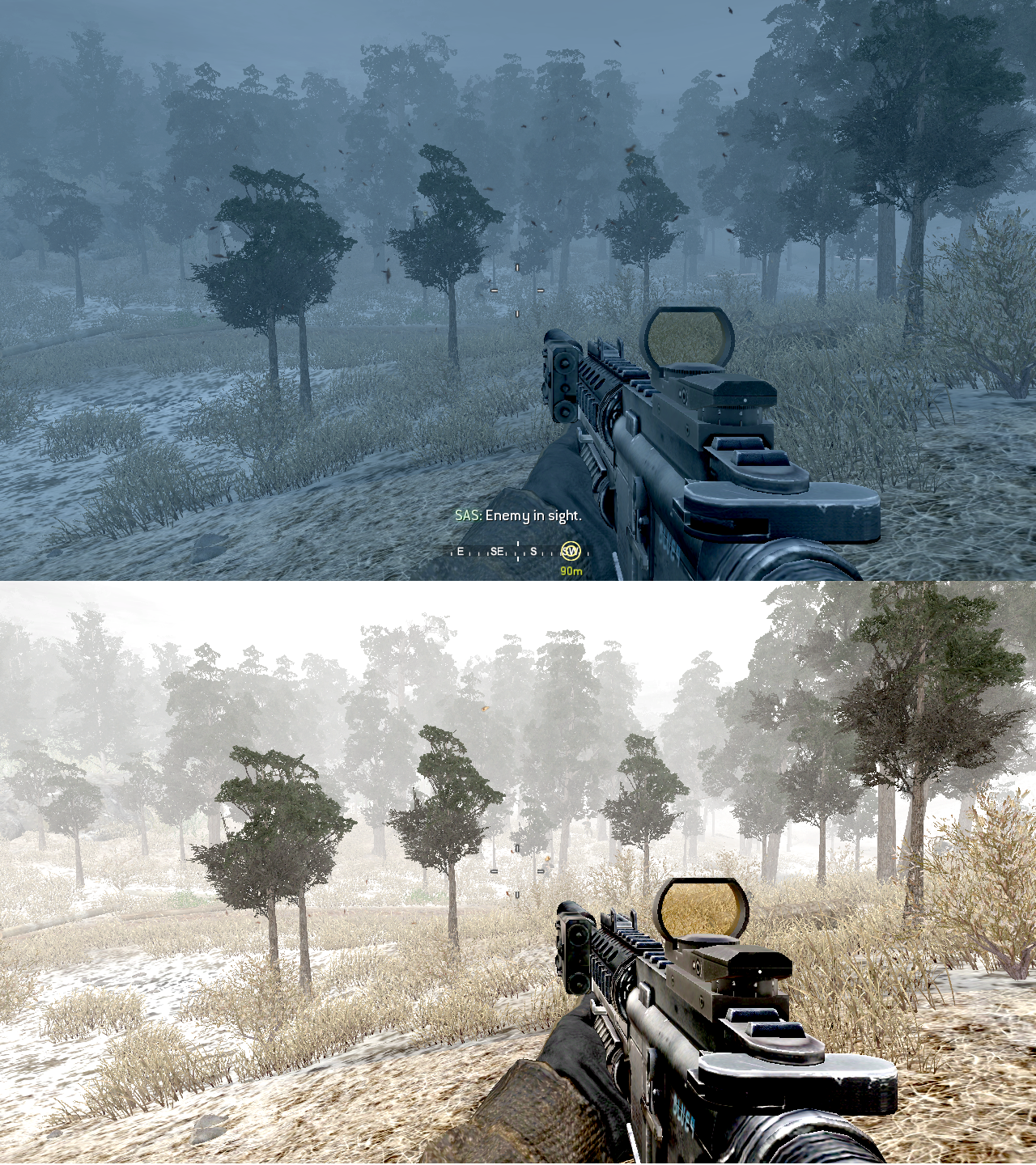 The effects of Super Contrast. Upper Image has normal contrast. Bottom Image has the Super Contrast cheat enabled.