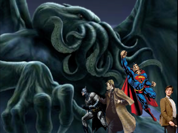 Batman, Superman, Sherlock Holmes, and the Doctor Battling a Ctulhu on Krypton