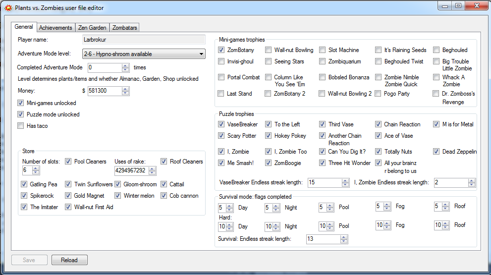 Plants vs. Zombies user file editor screenshot