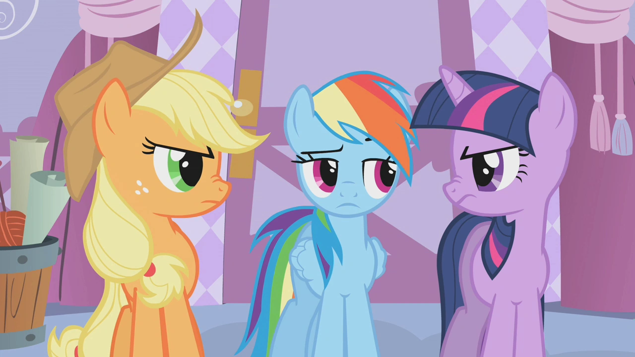 Image - Applejack and Twilight look at Rainbow Dash in disapproval