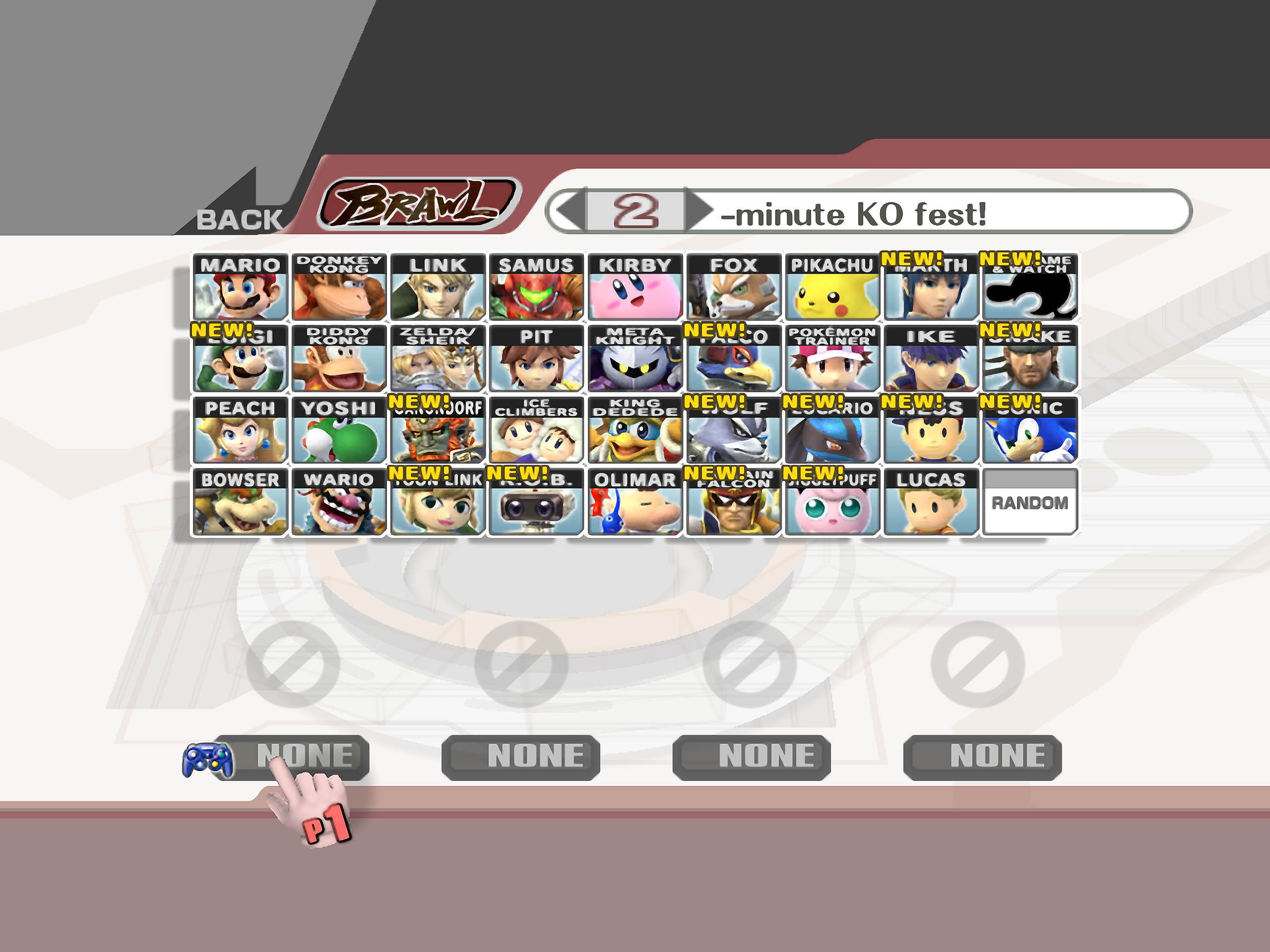 The character selection screen with every character unlocked in Super Smash Bros. Brawl.