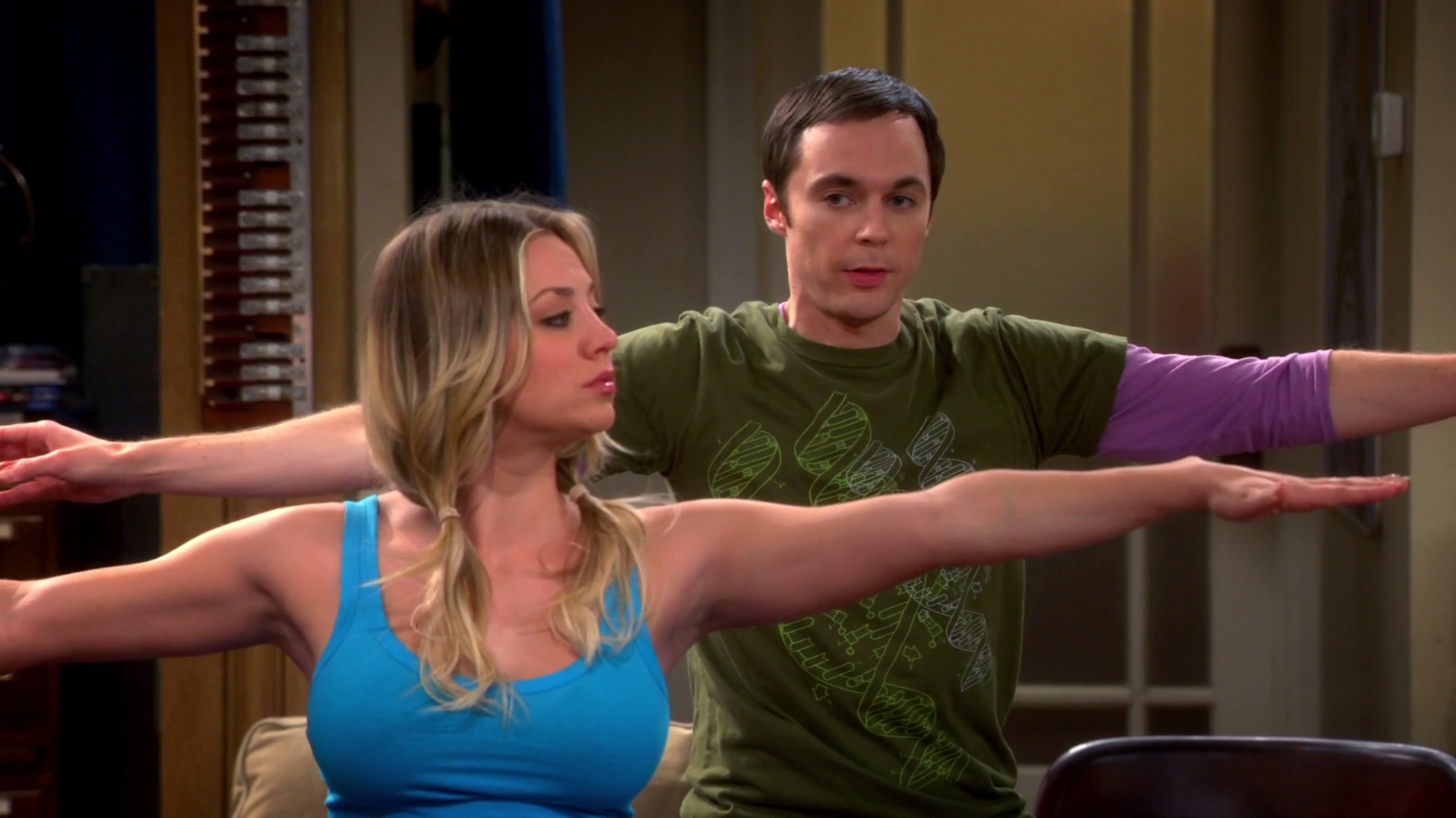 Image Penny And Sheldon Doing Warrior 2 The Big Bang Theory Wiki 
