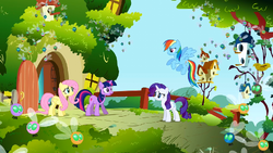 Main ponies at Fluttershy's cottage looking nervous S1E10