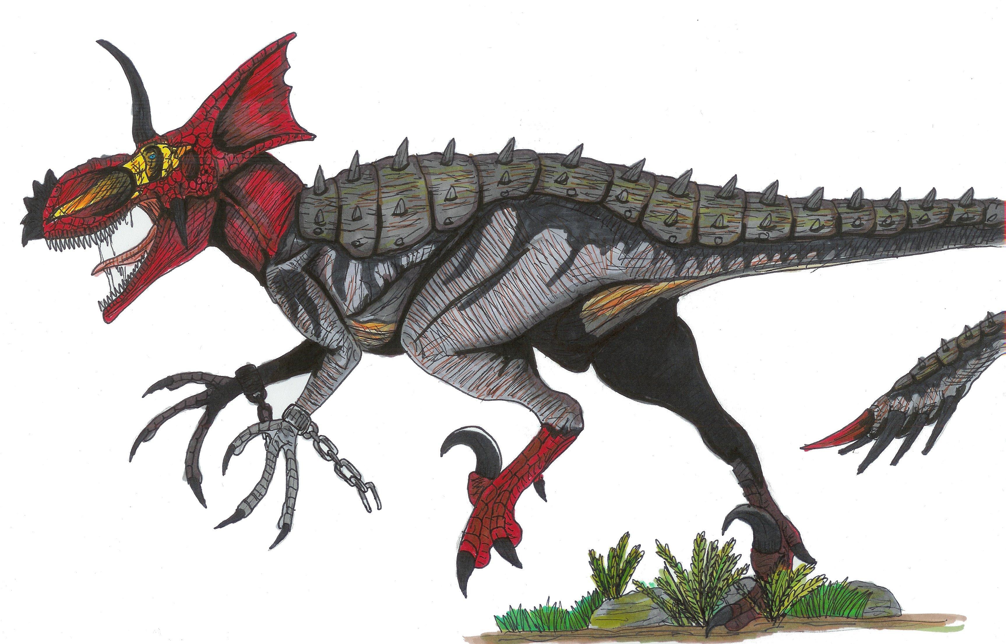The Ultimasaurus: a cross between Tyrannosaurus rex, Triceratops, Velociraptor, Ankylosaurus, and Stegosaurus.