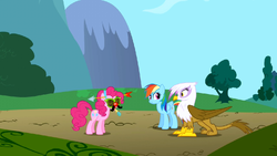 Gilda sees Pinkie Pie wearing strange headgear S1E05