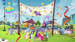 The ponies celebrating Twilight&#039;s arrival S4E22